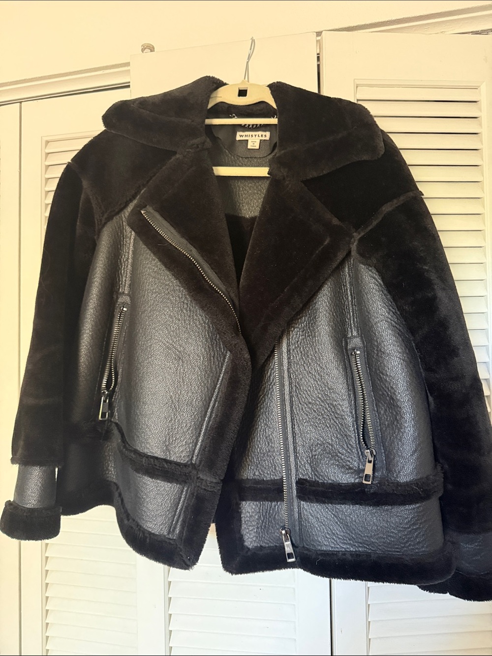 Whistles Black Shearling-Trim Leather Jacket